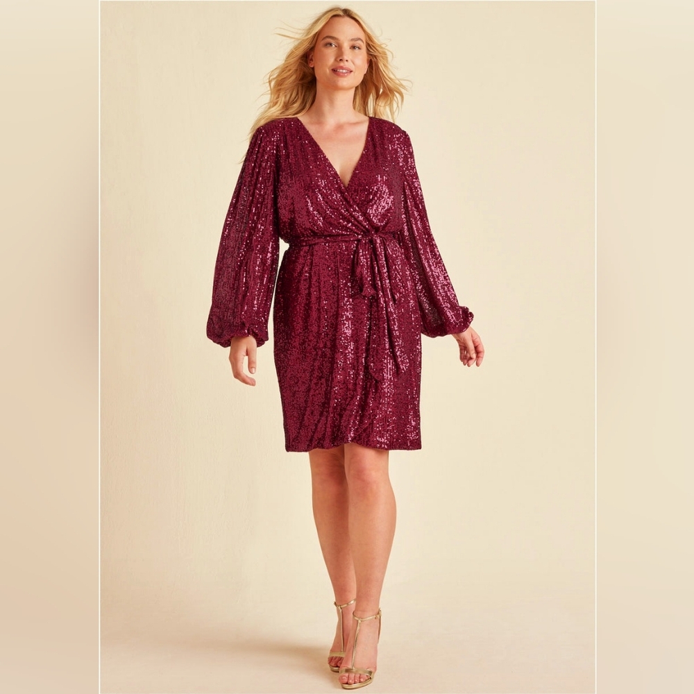 NWT Venus Belted Sequin Wrap Dress Size Large In Wine (ZRD)